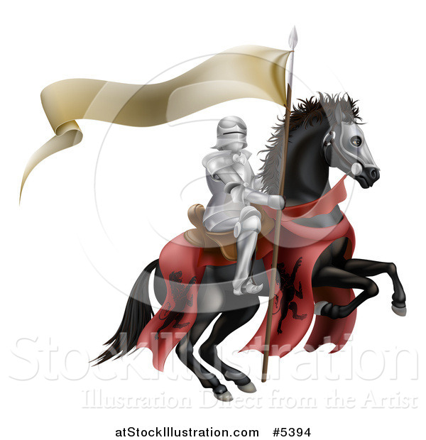 Vector Illustration of a 3d Armoured Knight on a Black Steed, with a Ribbon Banner Flag