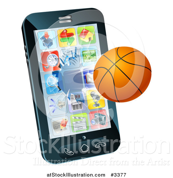 Vector Illustration of a 3d Baseketball Flying Through and Breaking a Cell Phone Screen