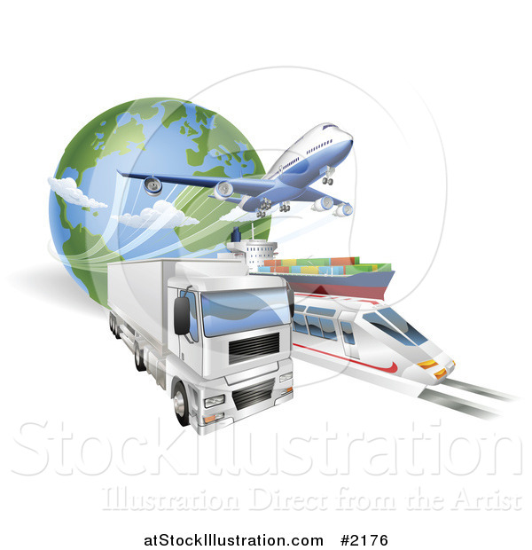 Vector Illustration of a 3d Big Rig, Train, Cargo Ship and Airplane with a Globe