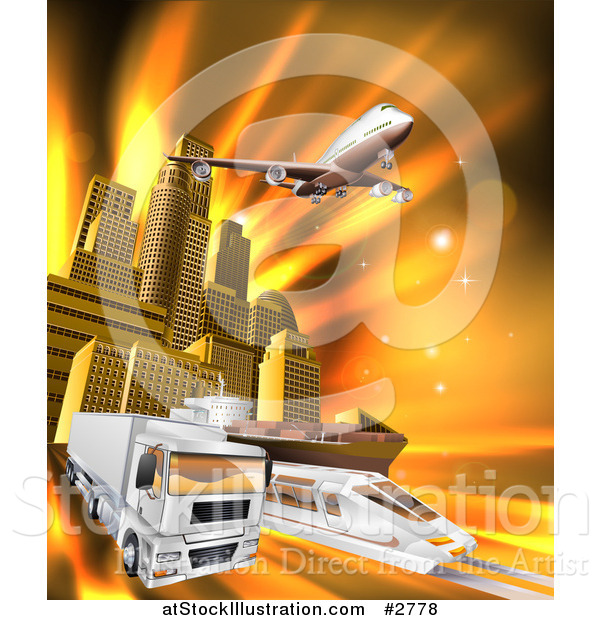 Vector Illustration of a 3d Big Rig Truck Airplane and Train Leaving a City over Orange Rays