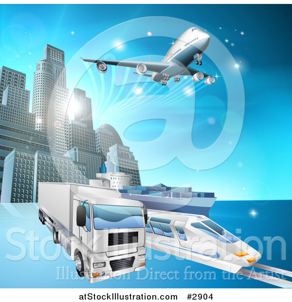 Vector Illustration of a 3d Big Rig Truck Train and Airplane Leaving a City
