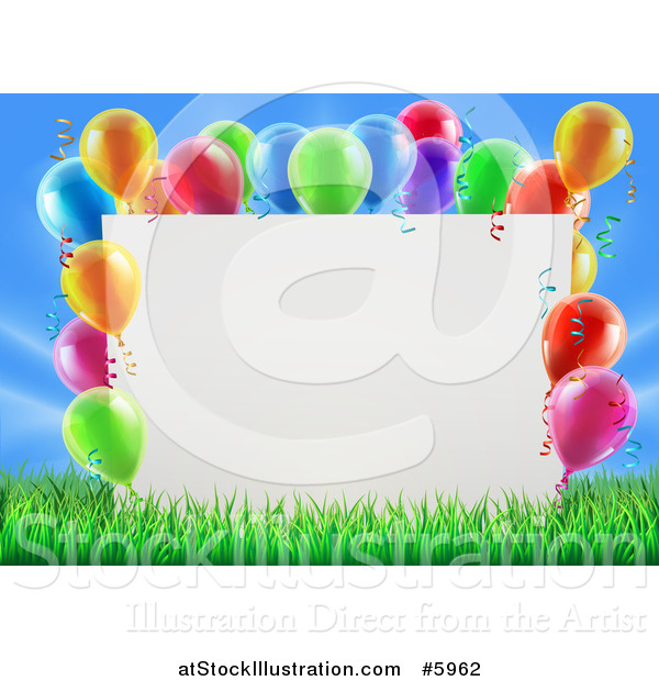 Vector Illustration of a 3d Blank Sign in Grass, Bordered in Colorful Party Balloons