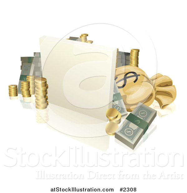 Vector Illustration of a 3d Blank Sign with Coins Cash and a Piggy Bank