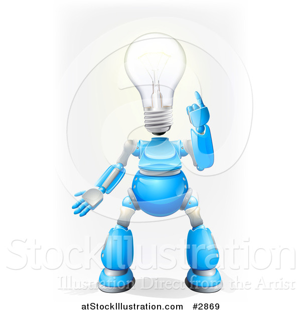 Vector Illustration of a 3d Blue and Chrome Light Bulb Headed Robot