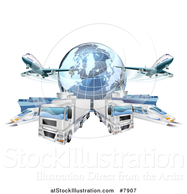 Vector Illustration of a 3d Blue Earth Globe and Cargo Logistics Modes, Trains, Planes Big Rig Trucks, and Ships