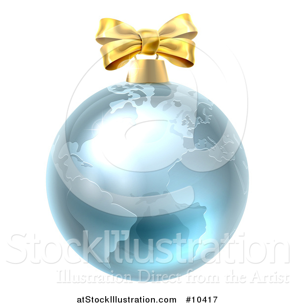 Vector Illustration of a 3d Blue Earth Globe Christmas Bauble with a Gold Bow