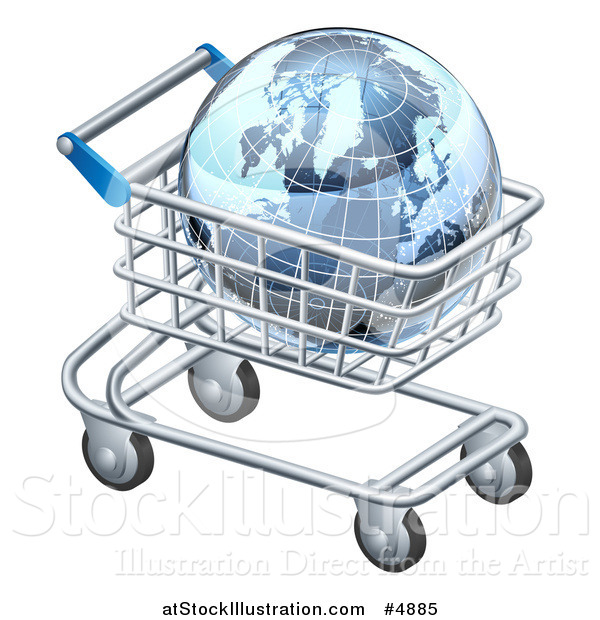 Vector Illustration of a 3d Blue Grid Globe in a Shopping Cart
