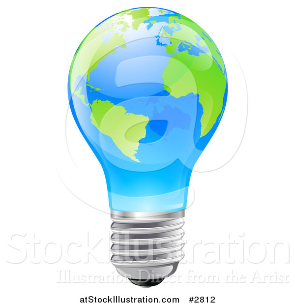 Vector Illustration of a 3d Blue Light Bulb with Green Continents