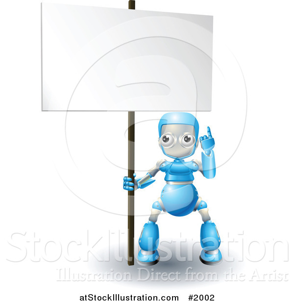 Vector Illustration of a 3d Blue Robot Pointing up at a Blank Sign