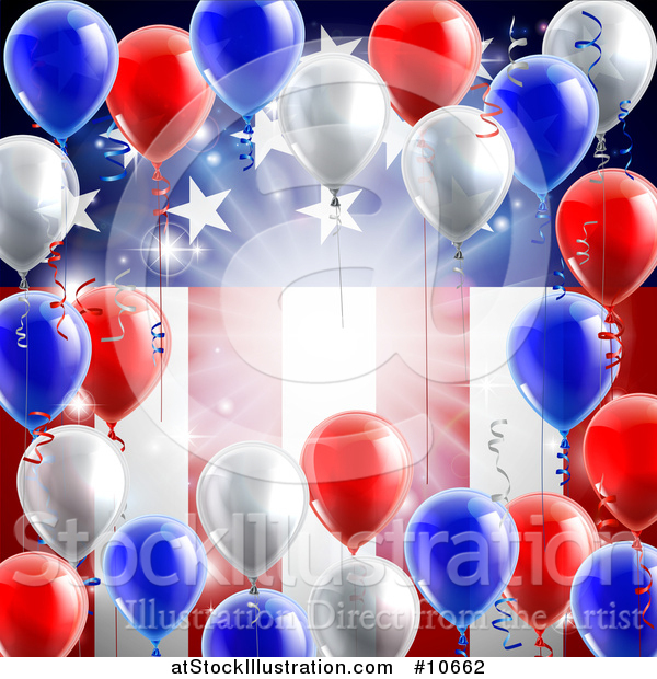 Vector Illustration of a 3d Border of Red White and Blue Party Balloons and Streamers over a Patriotic American Themed Flag