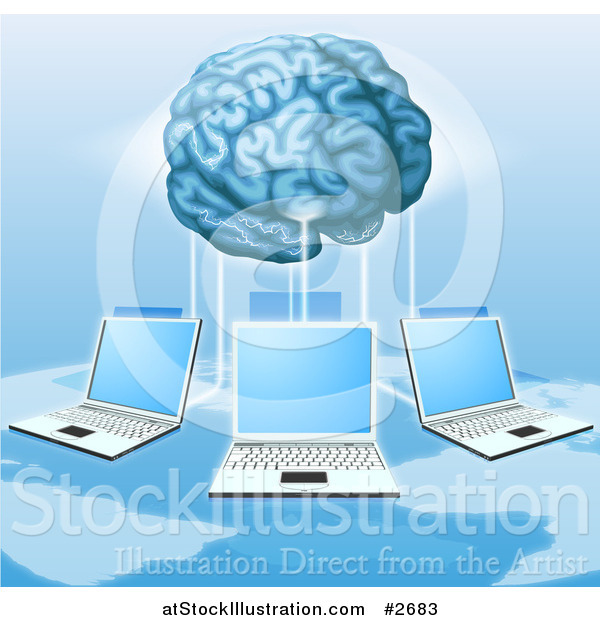 Vector Illustration of a 3d Brain Connected to a Network of Laptops Above a Map