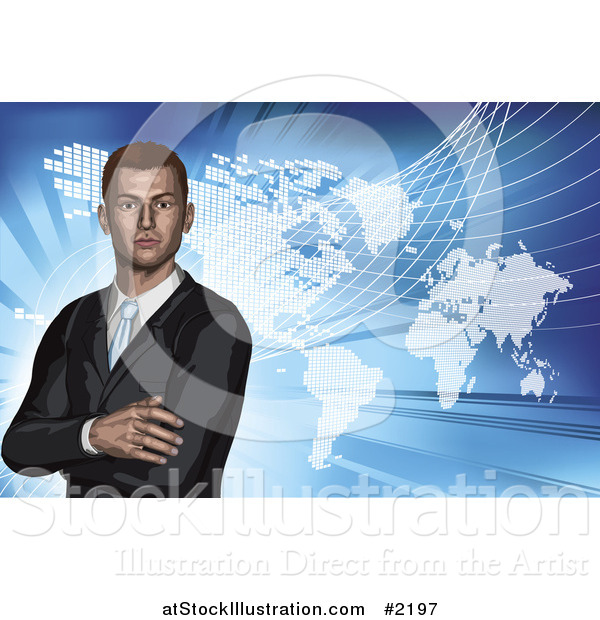 Vector Illustration of a 3d Businessman and World Atlas on Blue