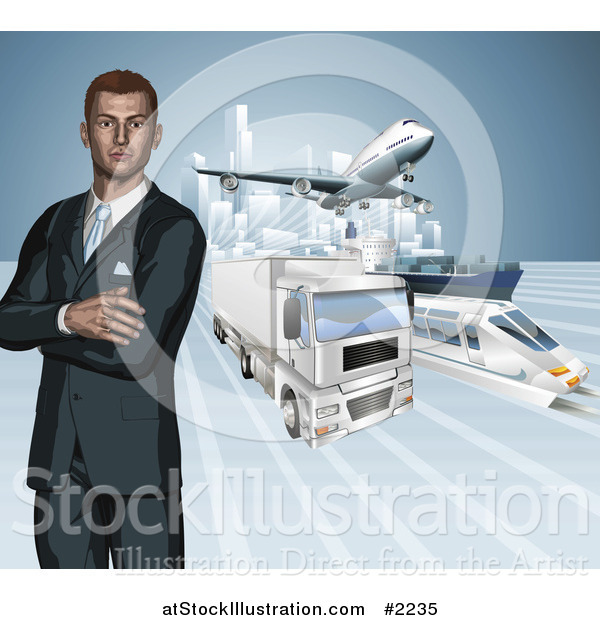 Vector Illustration of a 3d Businessman with Transport Modes