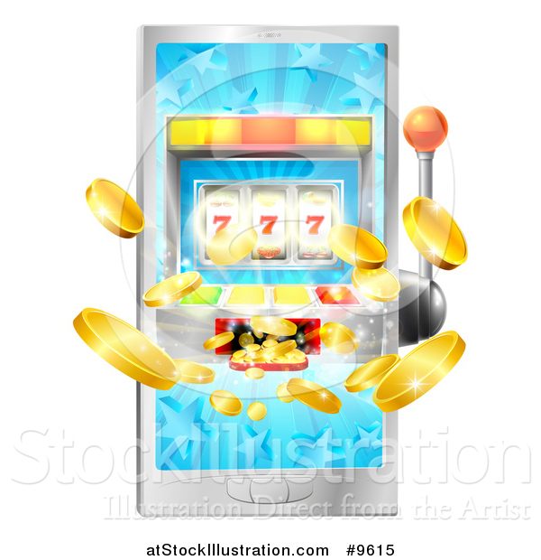 Vector Illustration of a 3d Casino Slot Machine Spitting out Coins from a Smart Phone Screen