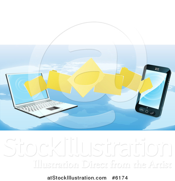Vector Illustration of a 3d Cell Phone and Laptop Transfering Files over a Map