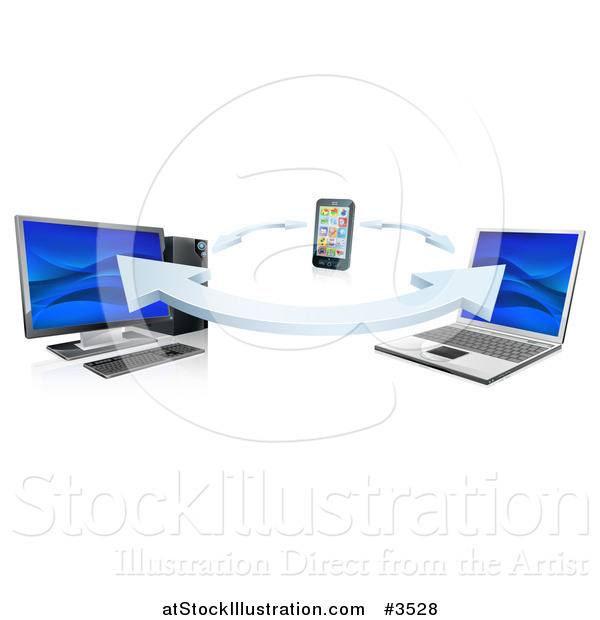 Vector Illustration of a 3d Cell Phone Desktop and Laptop Computer Communication Through Syncronization