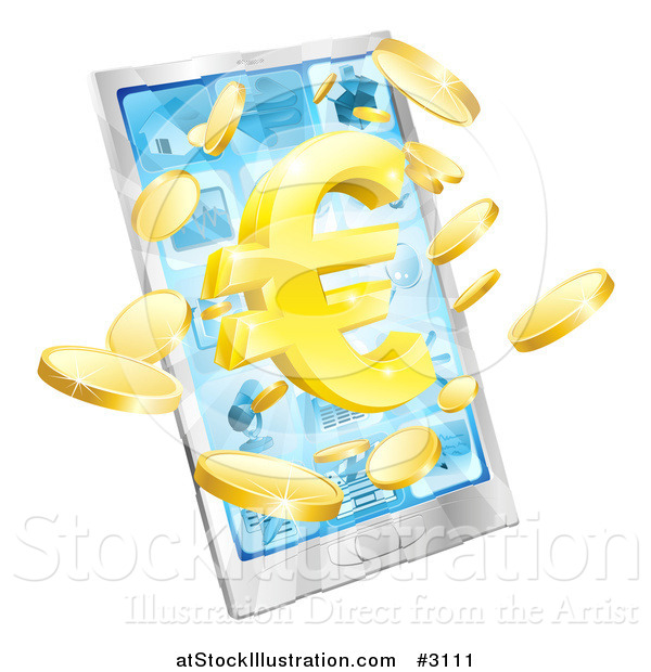 Vector Illustration of a 3d Cell Phone with a Gold Euro Symbol and Coins Bursting from the Screen