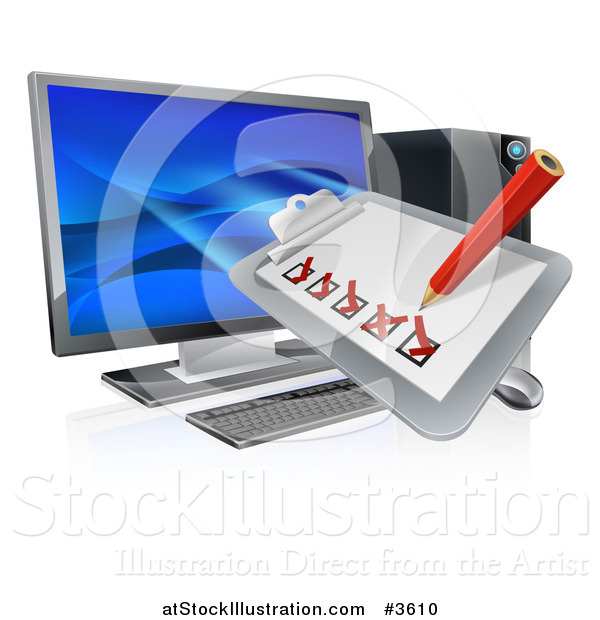 Vector Illustration of a 3d Check List Clip Board over a Desktop Computer