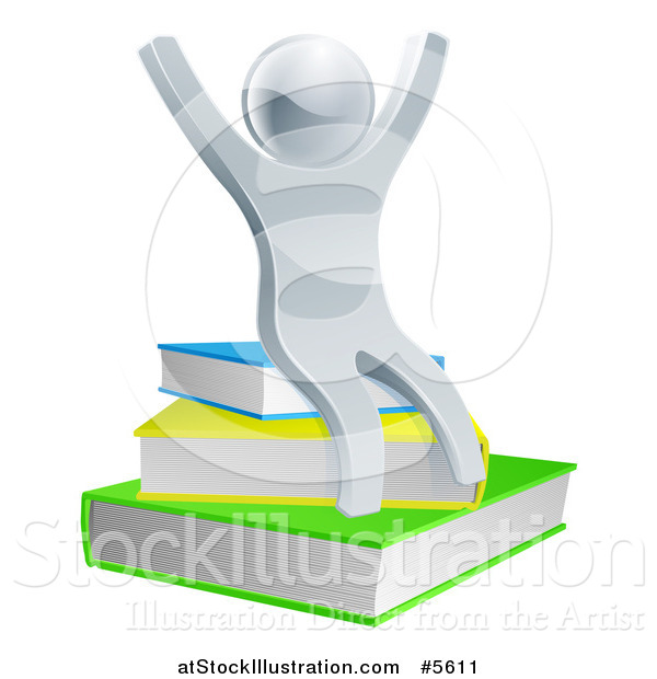 Vector Illustration of a 3d Cheering Silver Man Sitting on Books