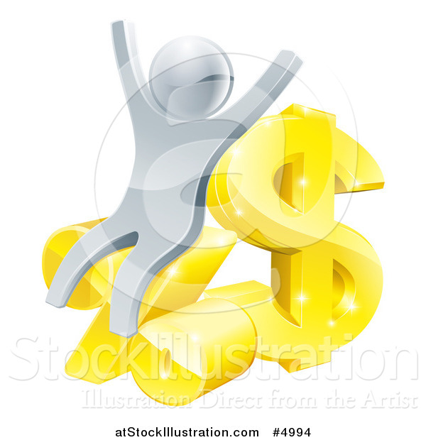 Vector Illustration of a 3d Cheering Silver Man with Gold and Percent Finance Symbols