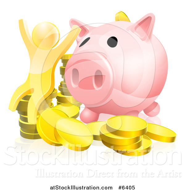 Vector Illustration of a 3d Cheering Successful Gold Man with Coins and a Giant Piggy Bank