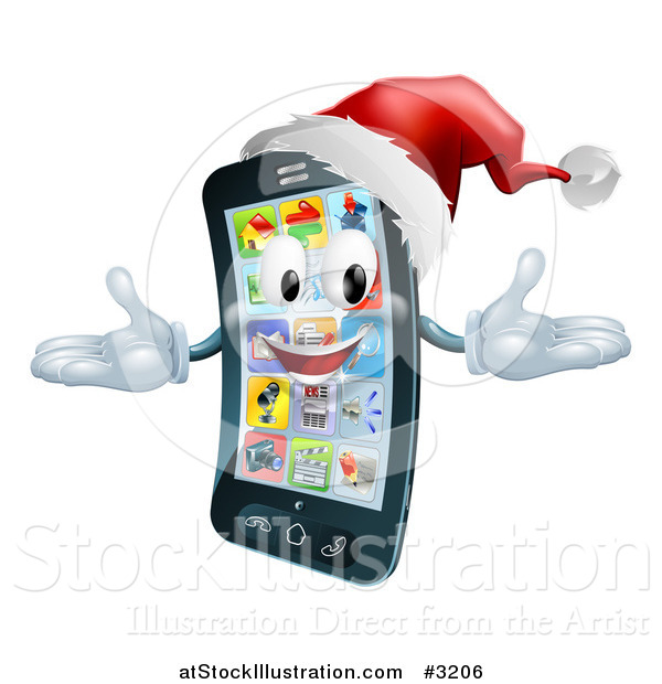 Vector Illustration of a 3d Christmas Cell Phone Wearing a Santa Hat