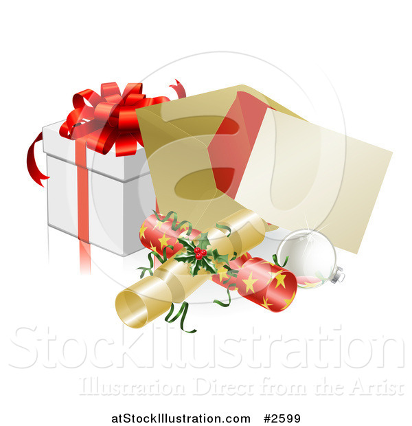 Vector Illustration of a 3d Christmas Party Invitation with Crackers Baubles and a Gift