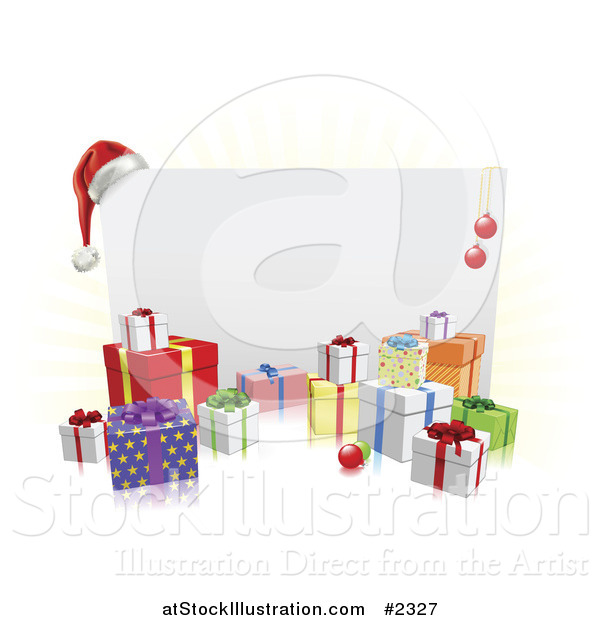 Vector Illustration of a 3d Christmas Sign with a Santa Hat Baubles and Gifts