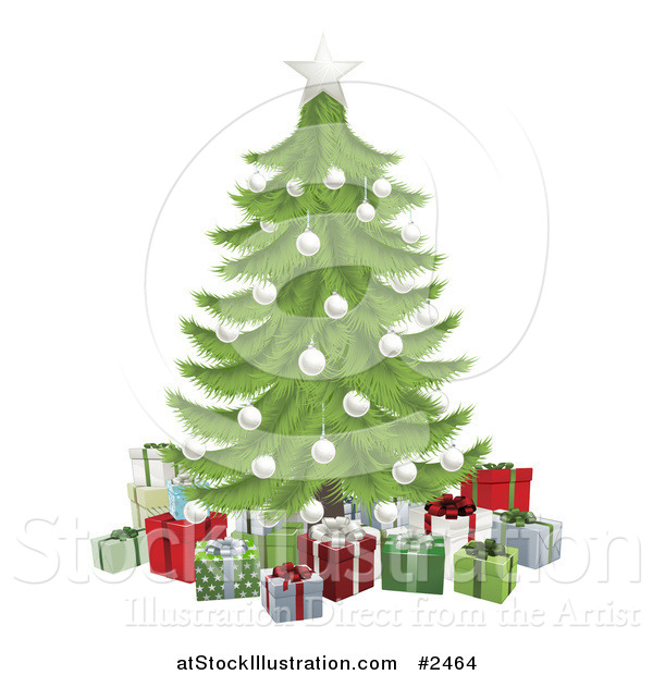 Vector Illustration of a 3d Christmas Tree with a White Star and Baubles over Gifts