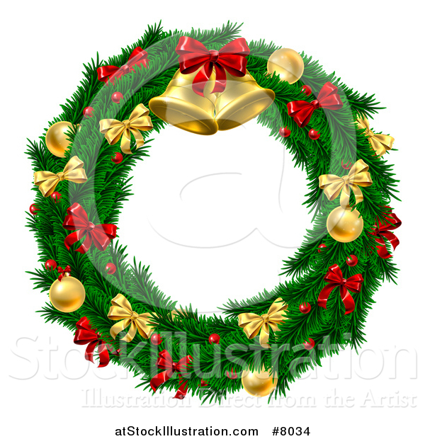 Vector Illustration of a 3d Christmas Wreath of Branches, Holly Berries, Gold and Red Baubles, Bows and Bells