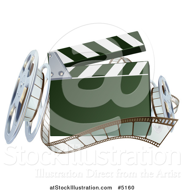 Vector Illustration of a 3d Clapper Board with Film and Reels