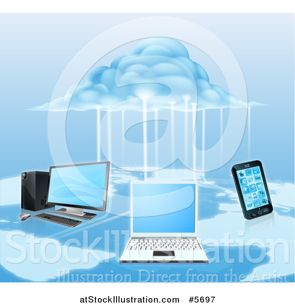 Vector Illustration of a 3d Cloud Electrifying a Network of Computers and a Cell Phone over a Map