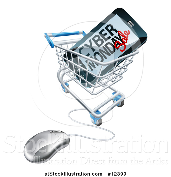 Vector Illustration of a 3d Computer Mouse and Smart Phone with Cyber Monday Sale Text on the Screen in a Shopping Cart