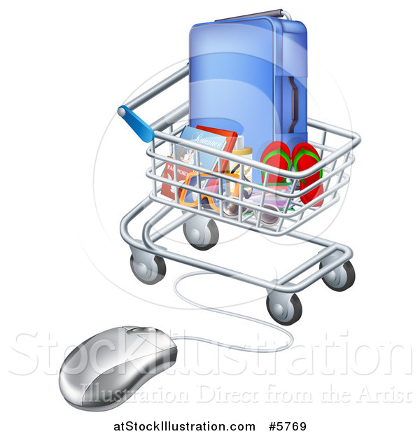 Vector Illustration of a 3d Computer Mouse Connected to a Shopping Cart Full of Luggage and Travel Items