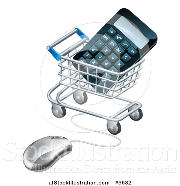 Vector Illustration of a 3d Computer Mouse Connected to a Shopping Cart with a Calculator