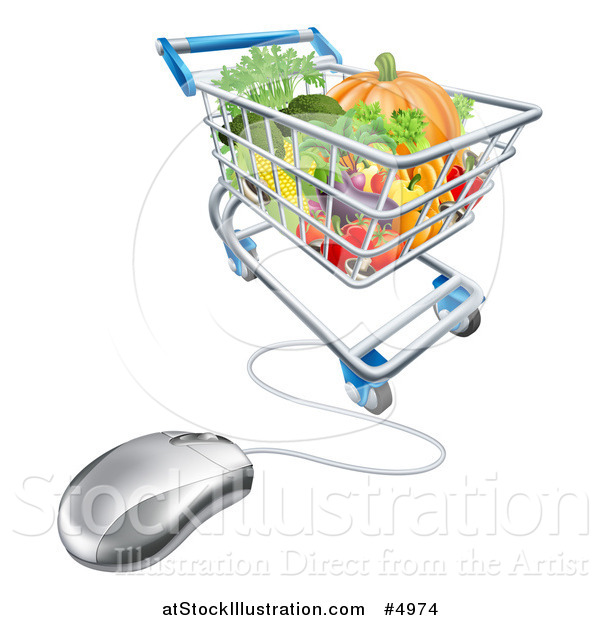 Vector Illustration of a 3d Computer Mouse Connected to an Online Shopping Cart with Produce