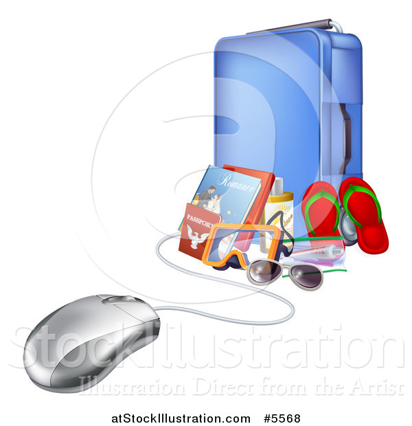 Vector Illustration of a 3d Computer Mouse Connected to Luggage and Travel Items