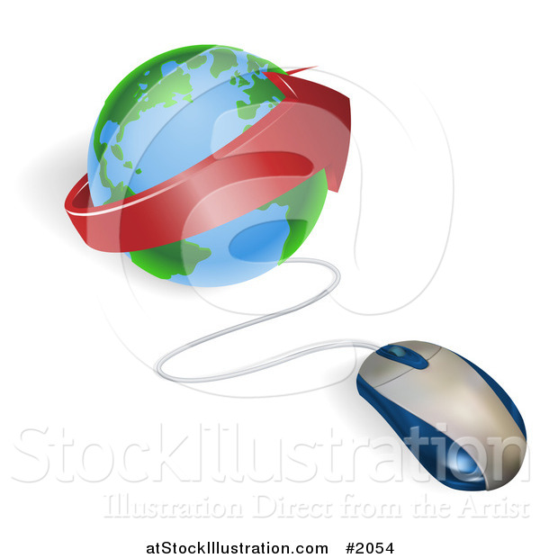 Vector Illustration of a 3d Computer Mouse Plugged into a Globe with a Red Arrow