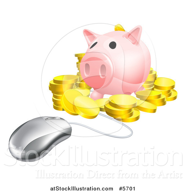 Vector Illustration of a 3d Computer Mouse Wired to a Piggy Bank with Gold Coins