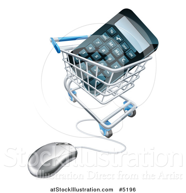 Vector Illustration of a 3d Computer Mouse Wired to a Shopping Cart with a Calculator