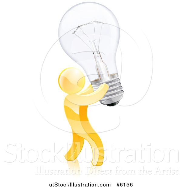 Vector Illustration of a 3d Creative Gold Man Carrying a Light Bulb