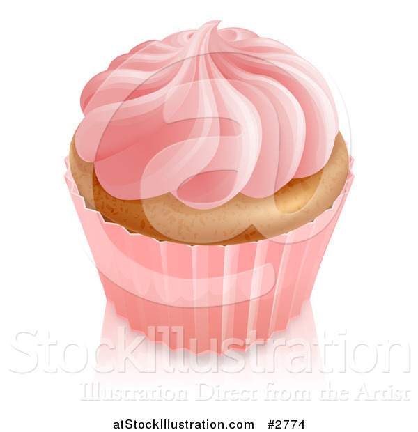 Vector Illustration of a 3d Cupcake Wtih Pink Frosting and Wrapper