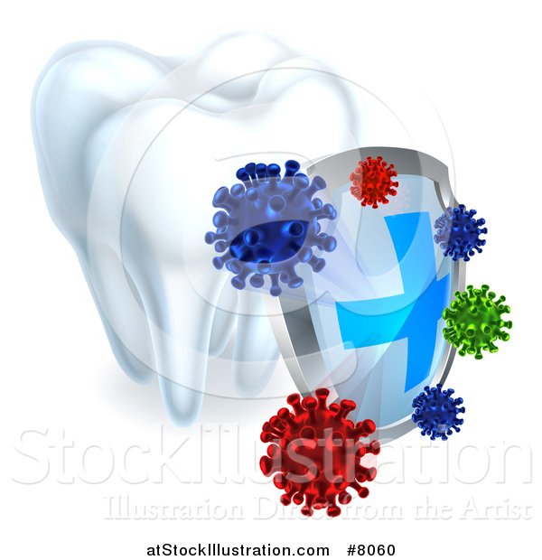 Vector Illustration of a 3d Dental Shield Protecting a Tooth from Germs