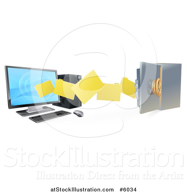 Vector Illustration of a 3d Desktop Computer Moving Files to an Open Vault Safe