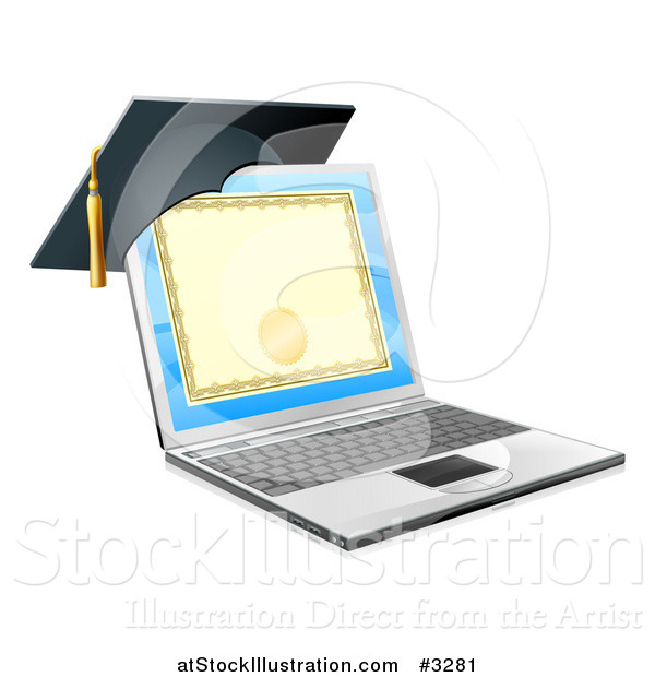 Vector Illustration of a 3d Diploma or Degree on a Laptop Screen with a Graduation Cap