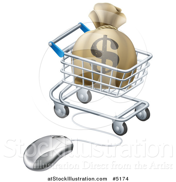 Vector Illustration of a 3d Dollar Money Bag in a Shopping Cart Wired to a Computer Mouse