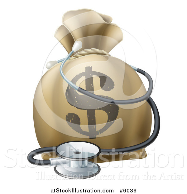 Vector Illustration of a 3d Dollar Symbol Money Bag and Stethoscope