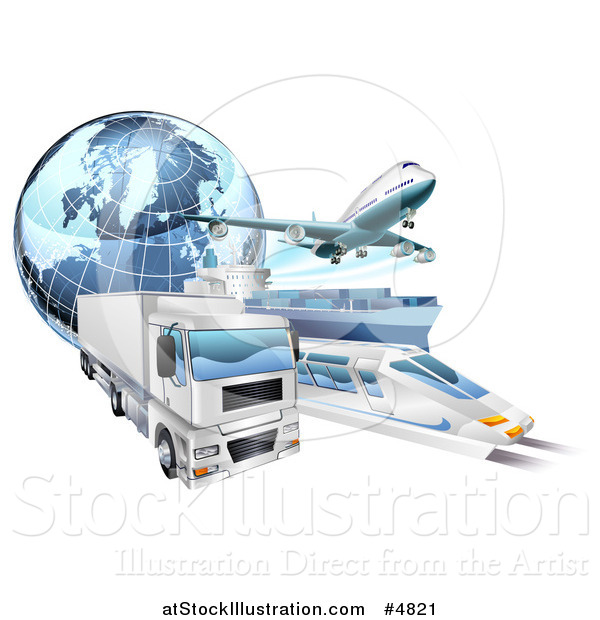 Vector Illustration of a 3d Earth Globe and Cargo Logistics Modes, Train Plane Big Rig and Ship