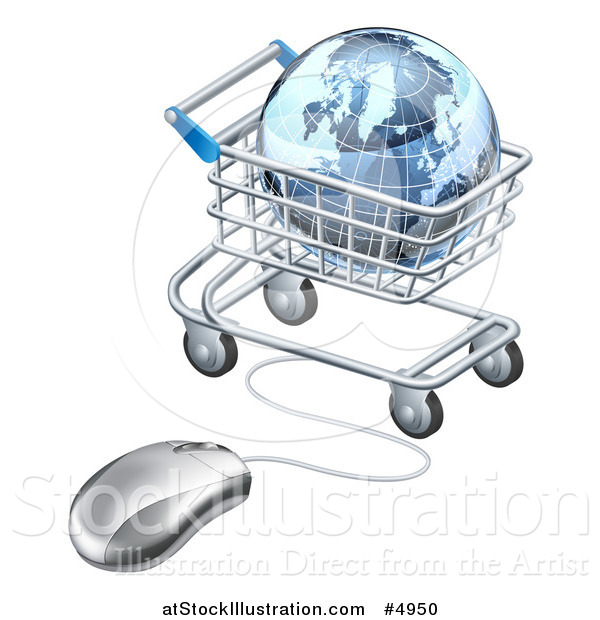 Vector Illustration of a 3d Earth Globe in a Shopping Cart Connected to a Computer Mouse