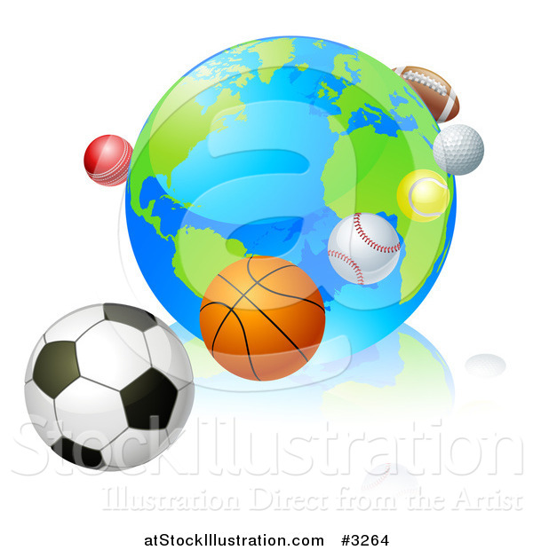 Vector Illustration of a 3d Earth Globe with Sports Balls in Orbit Around It